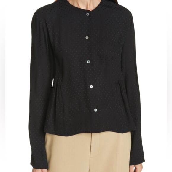 Vince Silk Dot Black Jacquard Ruched Panel Button Down Blouse size medium - Picture 1 of 10